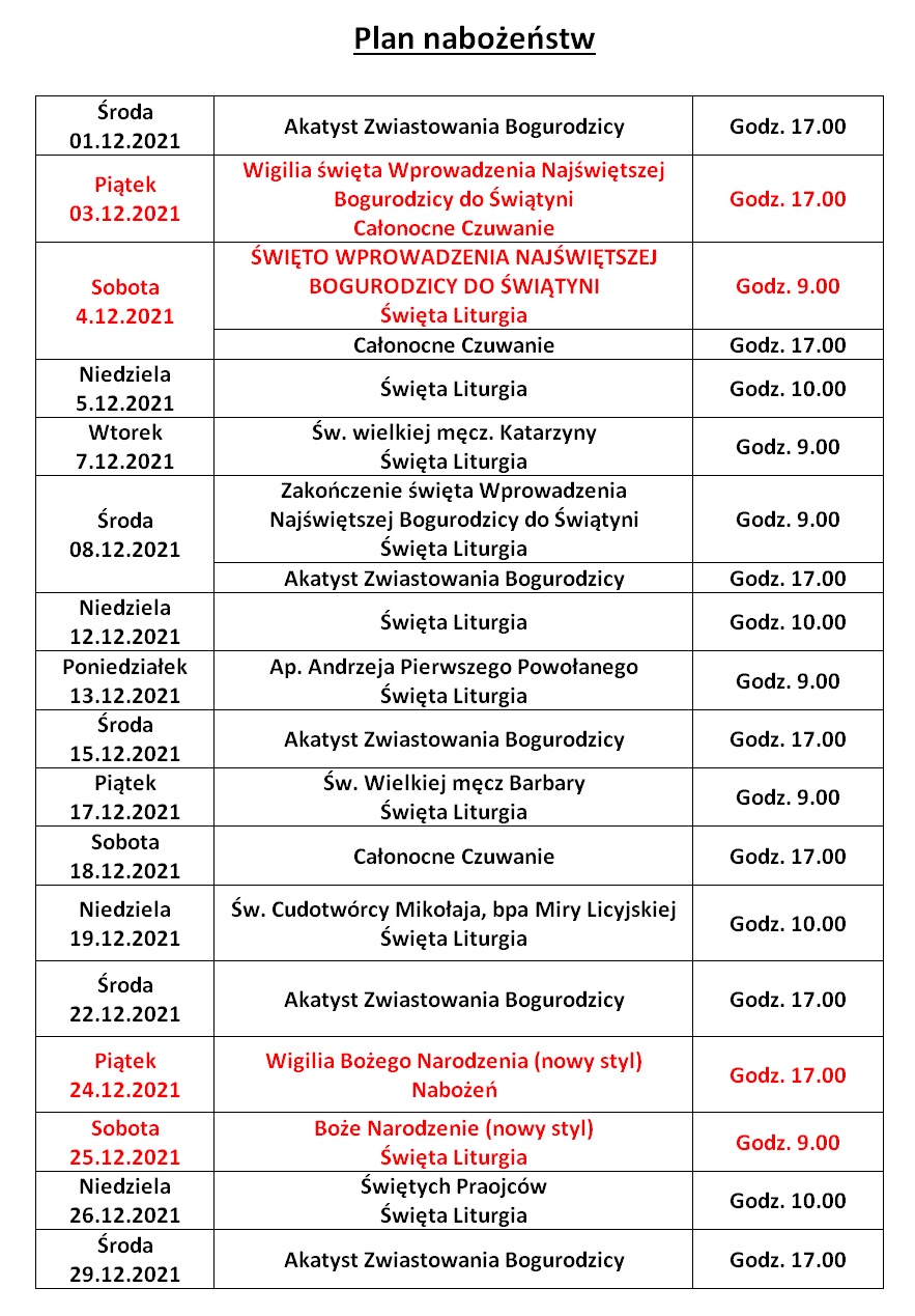 Harmonogram nabożeństw grudzień 2021