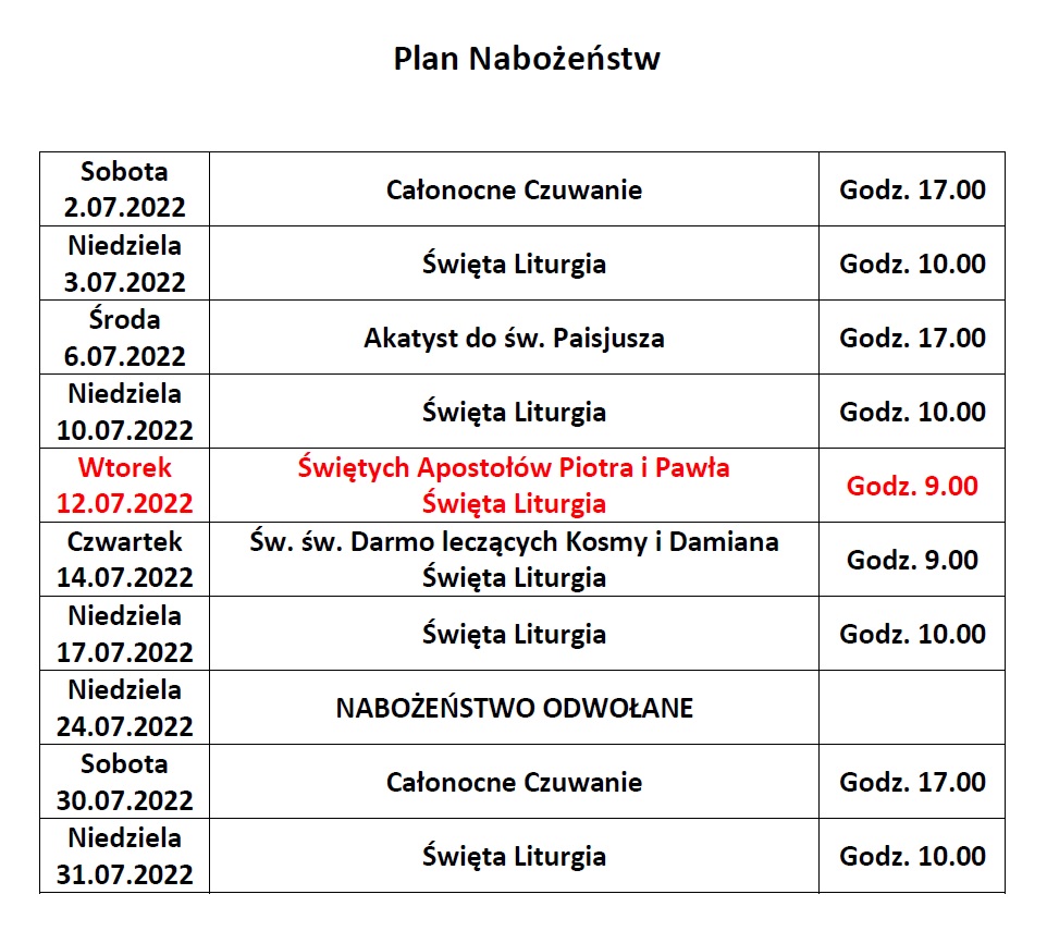 Harmonogram nabożeństw na lipiec 2022