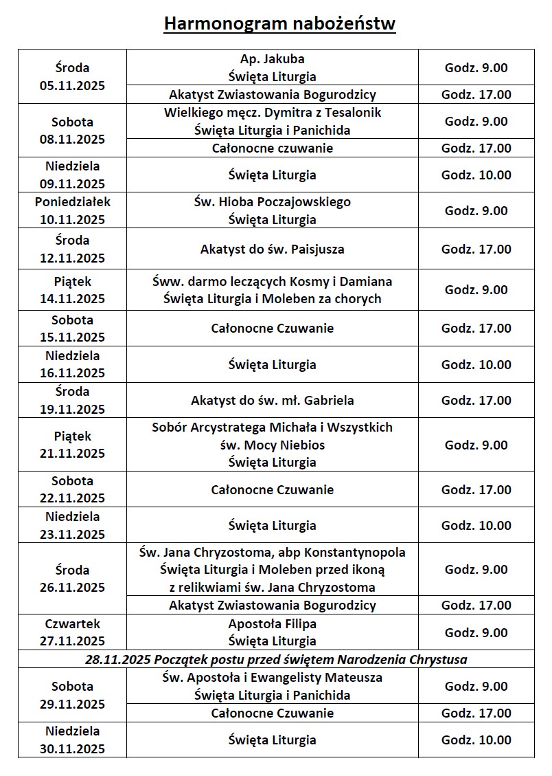 Harmonogram nabożeństw na listopad 2025