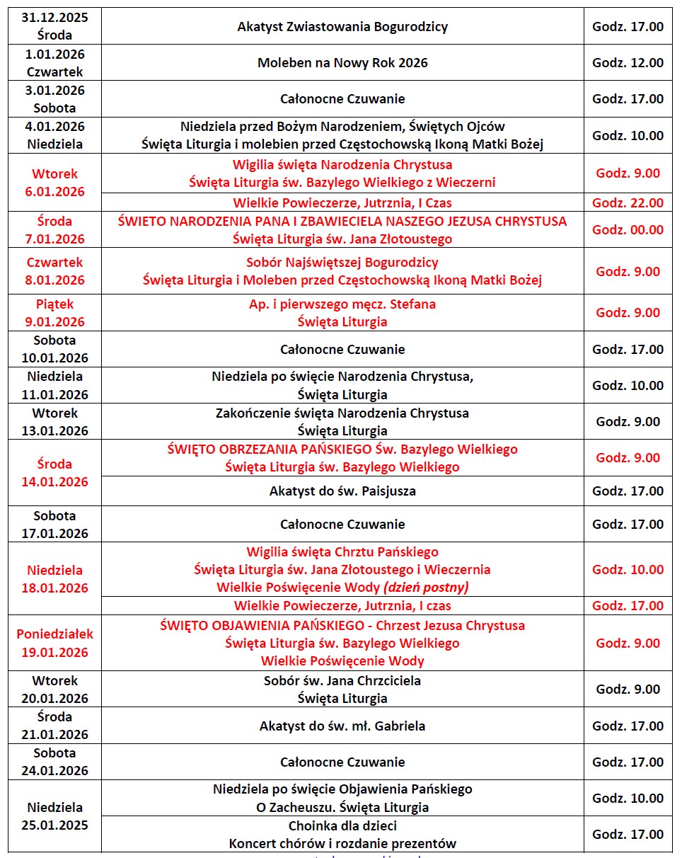 Harmonogram nabożeństw na styczeń 2026