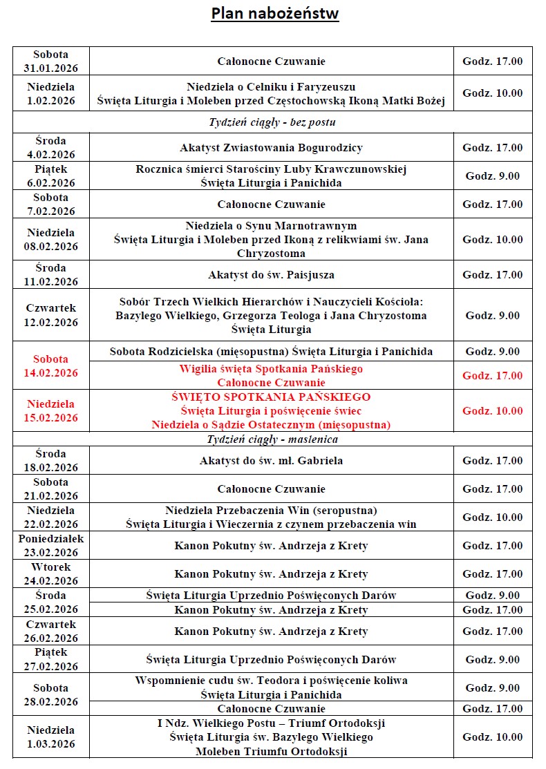 Harmonogram nabożeństw na luty 2026