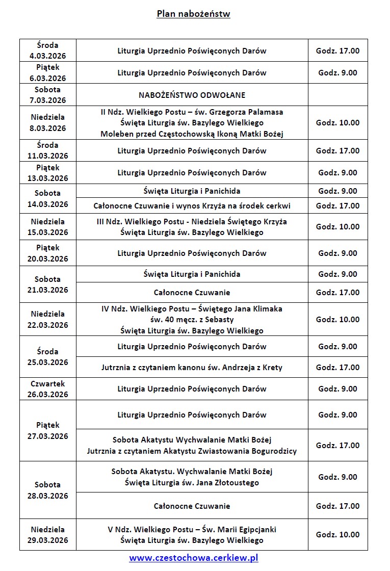Harmonogram nabożeństw na marzec 2026