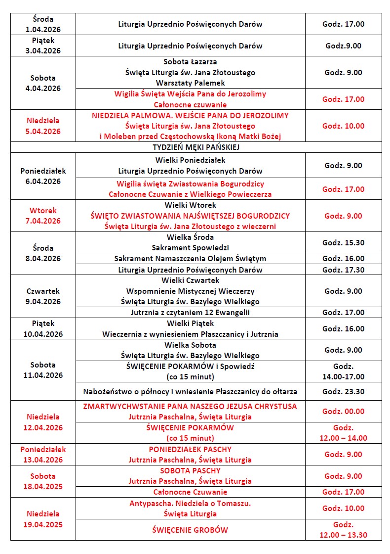 Harmonogram nabożeństw na kwiecień 2026