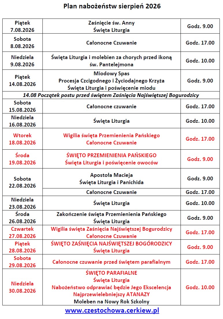 Harmonogram nabożeństw na sierpień 2026